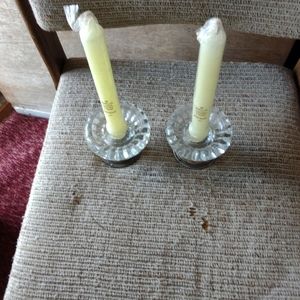 VINTAGE PAIR OF FOOTED PEWTER PLATED CRYSTAL TAPER CANDLE HOLDERS.